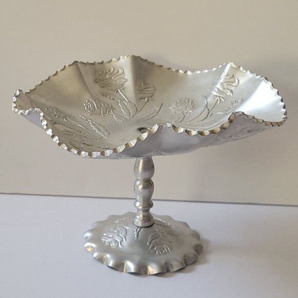Handcrafted Aluminum Pedestal Dish With Rose Design & Scalloped Edge - Picture 2 of 7